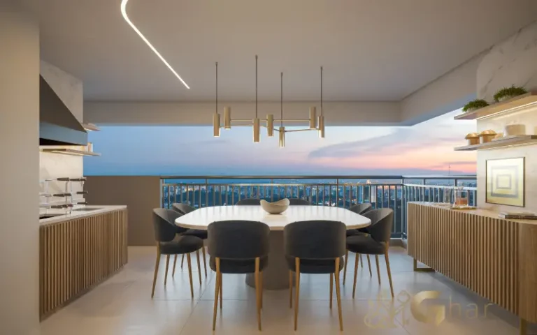 Terraço com churrasqueira do apartamento decorado de 113 m² no Bosque Diálogo Jd. Prudência