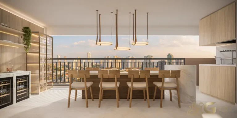 Terraço com churrasqueira do apartamento decorado de 128 m² no Bosque Diálogo Jd. Prudência