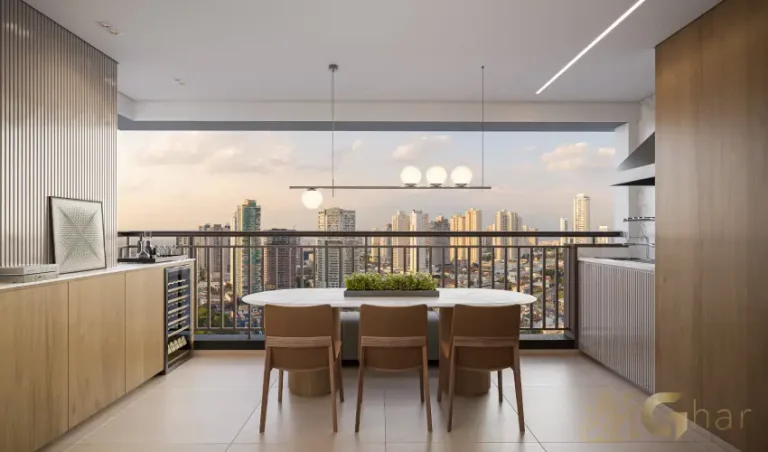 Terraço gourmet do apartamento decorado de 75 m² no Bosque Diálogo Jd. Prudência