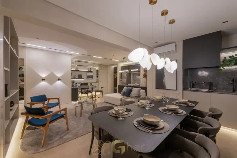 Terraço gourmet do apartamento decorado de 83 m² no Bosque Diálogo Jd. Prudência com churrasqueira e área social