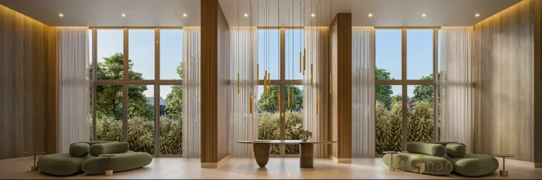Lobby do Bosque Diálogo Jd. Prudência com pé-direito duplo e design contemporâneo