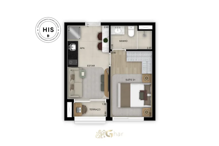 Planta do apartamento de 29 m² com 1 suíte no Bosque Diálogo Jd. Prudência
