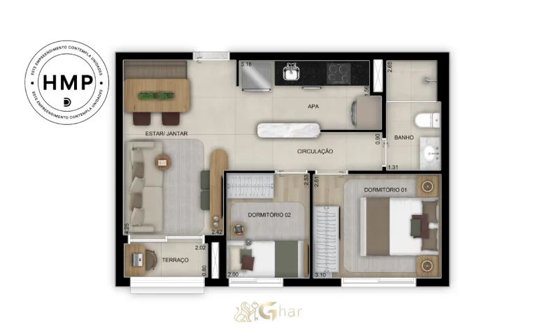 Planta do apartamento de 45 m² com 2 dormitórios no Bosque Diálogo Jd. Prudência
