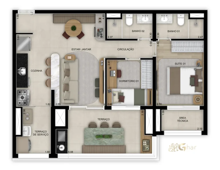 Planta do apartamento de 75 m² com 2 dormitórios no Bosque Diálogo Jd. Prudência