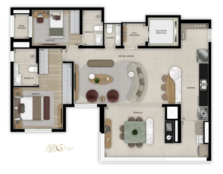Planta do apartamento de 113 m² com 2 suítes no Bosque Diálogo Jd. Prudência