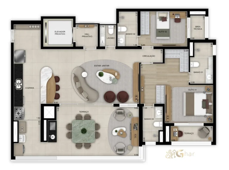 Planta do apartamento de 128 m² com 2 suítes ampliadas no Bosque Diálogo Jd. Prudência