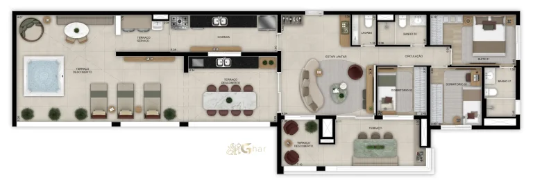 Planta do apartamento de 158 m² com 3 dormitórios e 1 suíte no Bosque Diálogo Jd. Prudência