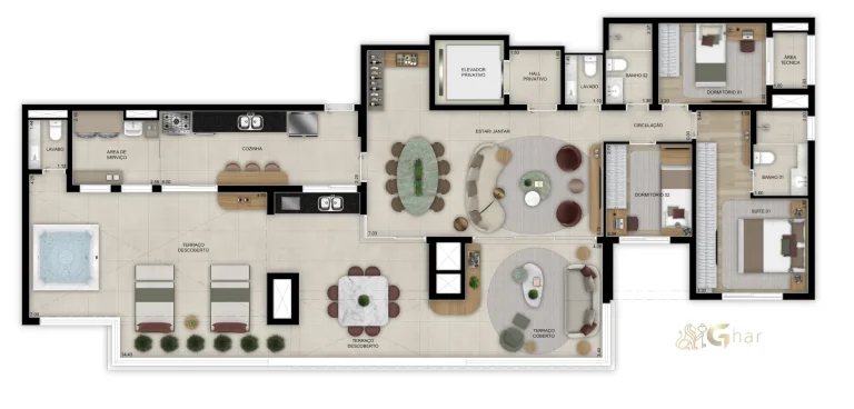 Planta do apartamento de 189 m² com 3 dormitórios e 1 suíte no Bosque Diálogo Jd. Prudência