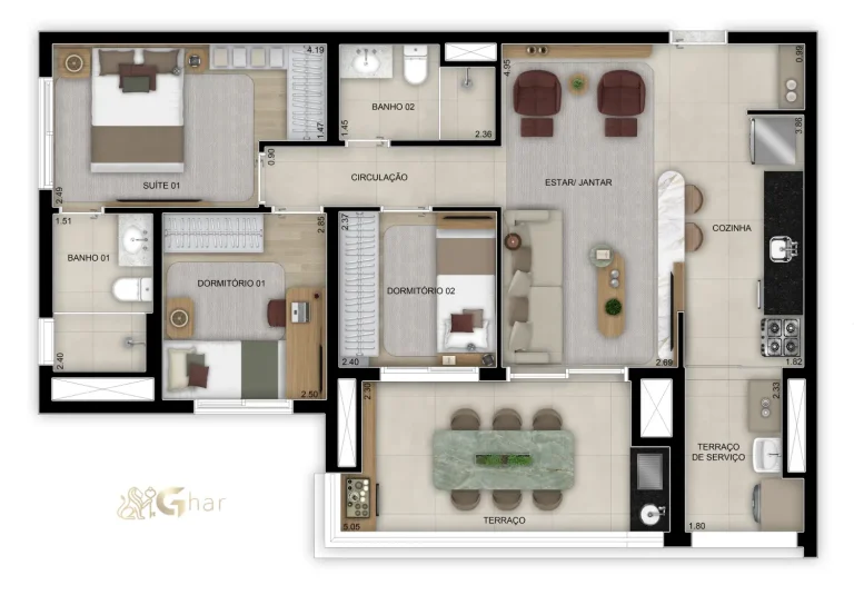 Planta do apartamento de 83 m² com 3 dormitórios e 1 suíte no Bosque Diálogo Jd. Prudência