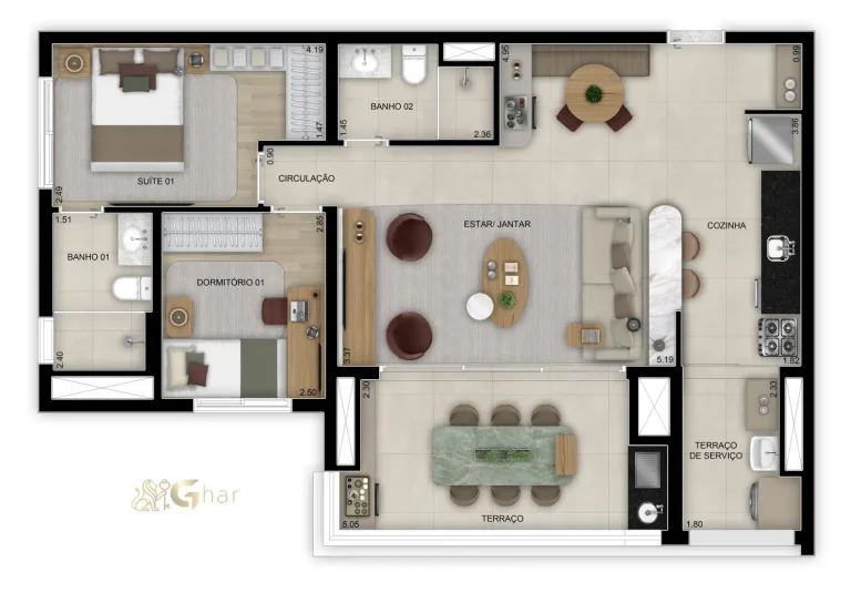 Planta alternativa do apartamento de 83 m² com 3 dormitórios e 1 suíte no Bosque Diálogo Jd. Prudência