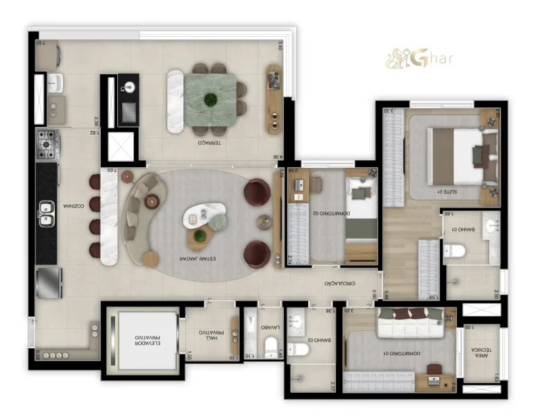 Planta do apartamento de 113 m² com 3 dormitórios, 1 suíte e lavabo no Bosque Diálogo Jd. Prudência