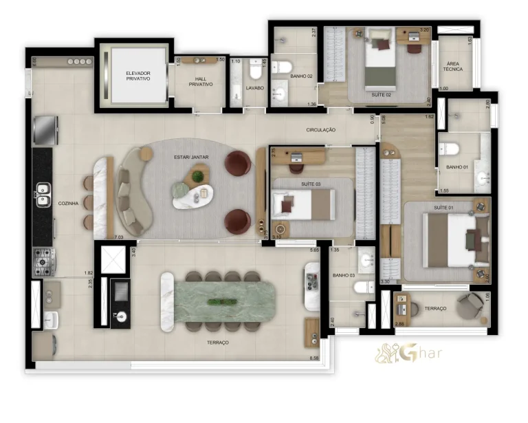 Planta do apartamento de 128 m² com 3 suítes no Bosque Diálogo Jd. Prudência
