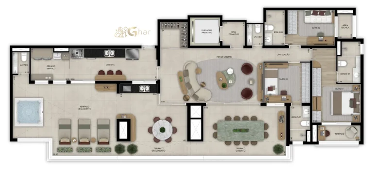 Planta da penthouse de 204 m² com 3 suítes no Bosque Diálogo Jd. Prudência