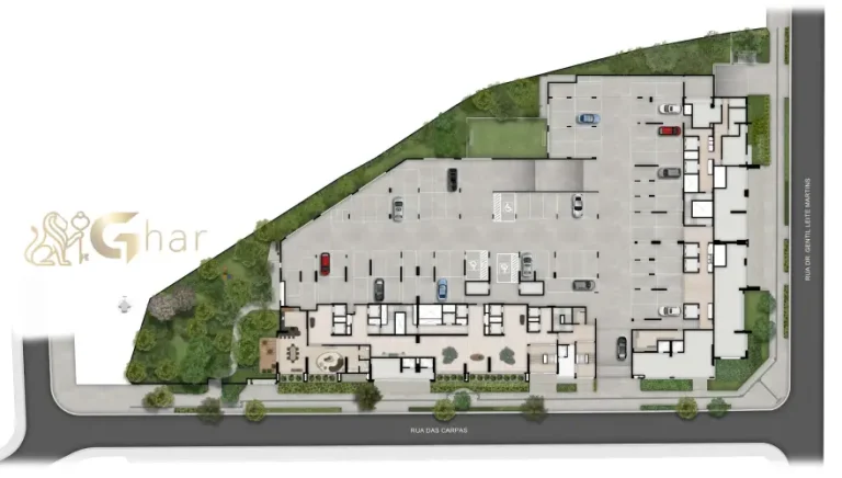 Planta de implantação do térreo do condomínio Bosque Diálogo Jd. Prudência