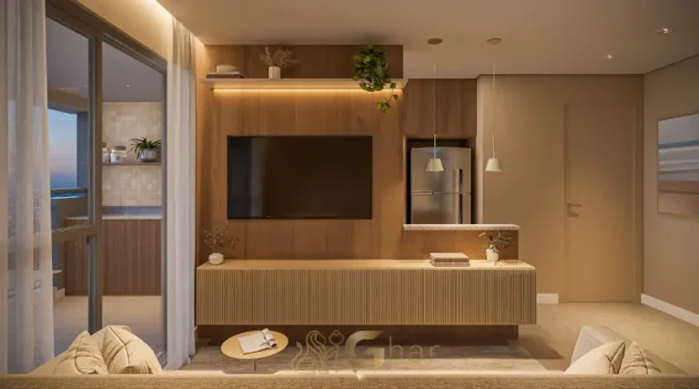 Sala integrada à varanda no apartamento decorado de 67 m² no Bosque Santa Cruz