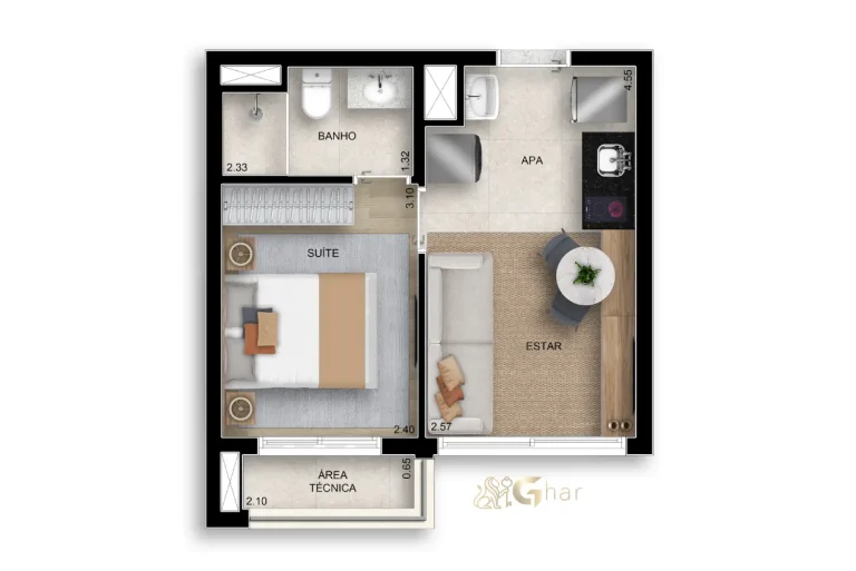 Planta de apartamento 28 m² com 1 suíte no Bosque Santa Cruz