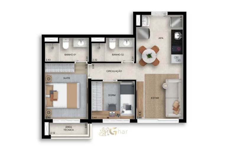 Planta de apartamento 45 m² com 2 dormitórios e 1 suíte no Bosque Santa Cruz