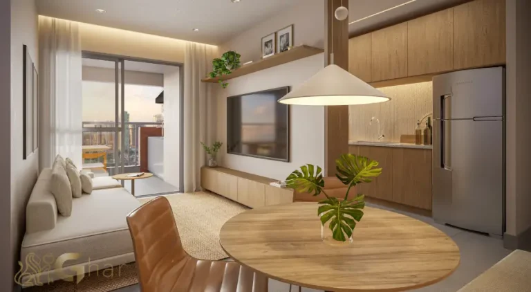 Living do apartamento decorado de 82 m² no Bosque Santa Cruz by Diálogo Residences