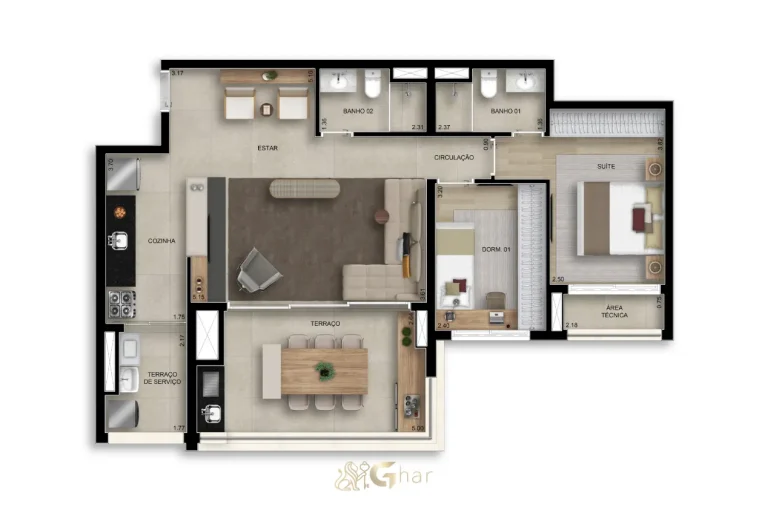 Planta do apartamento de 87 m² com 2 dormitórios no Bosque Santa Cruz