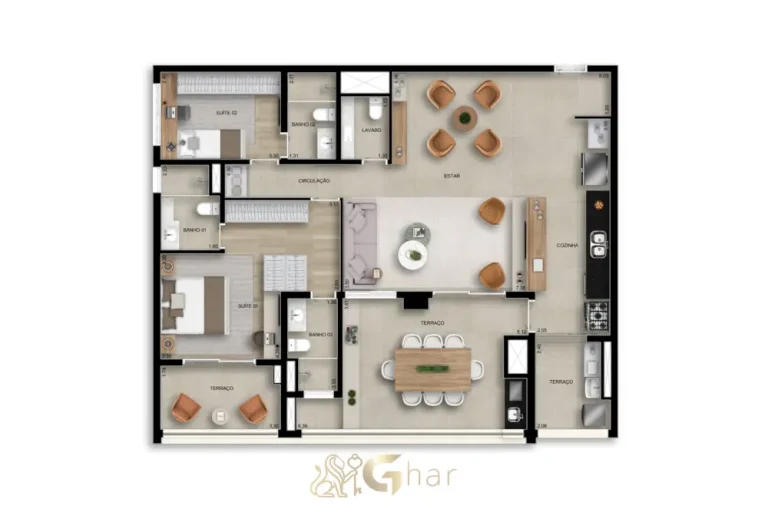 Planta do apartamento de 129 m² com 2 suítes e lavabo no Bosque Santa Cruz
