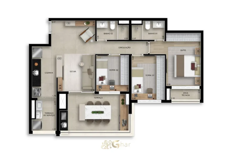 Planta do apartamento de 87 m² com 3 dormitórios e 1 suíte no Bosque Santa Cruz