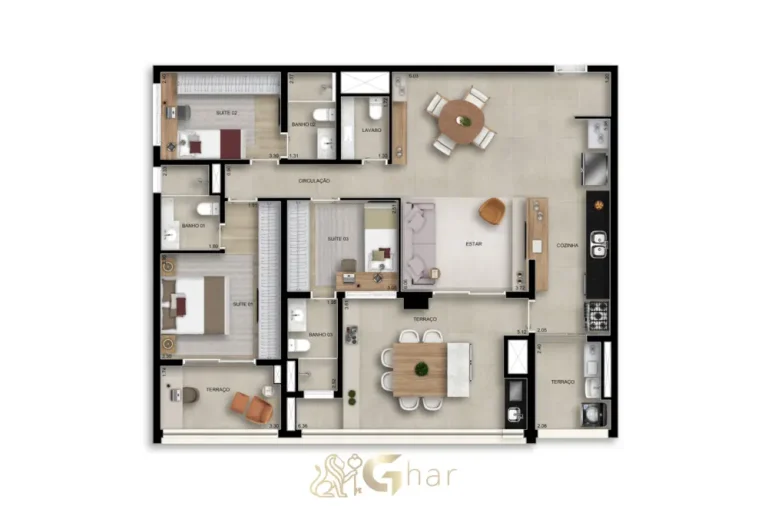 Planta do apartamento de 129 m² com 3 suítes e lavabo no Bosque Santa Cruz