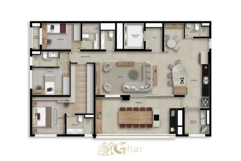 Planta do apartamento de 167 m² com 3 suítes e lavabo no Bosque Santa Cruz