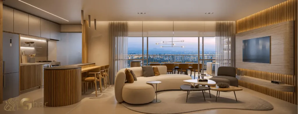 Living integrado no apartamento decorado de 106 m² do BoulevarDiálogo Butantã