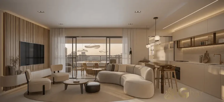 Living integrado no apartamento decorado de 134 m² do BoulevarDiálogo Butantã