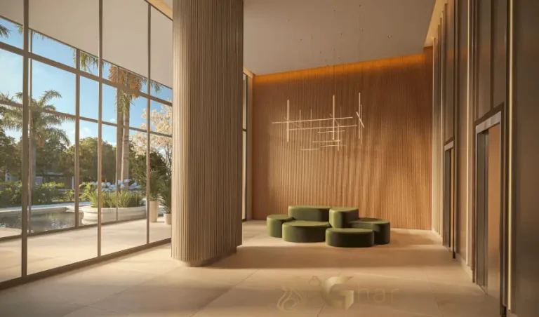 Lobby com pé-direito duplo no condomínio BoulevarDiálogo Butantã