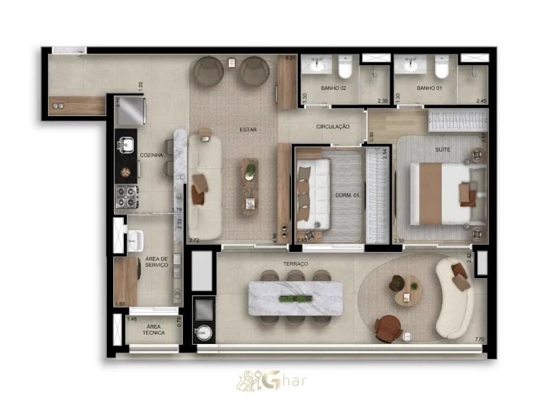 Planta alternativa do apartamento de 2 dormitórios com 1 suíte de 83 m² no BoulevarDiálogo Butantã