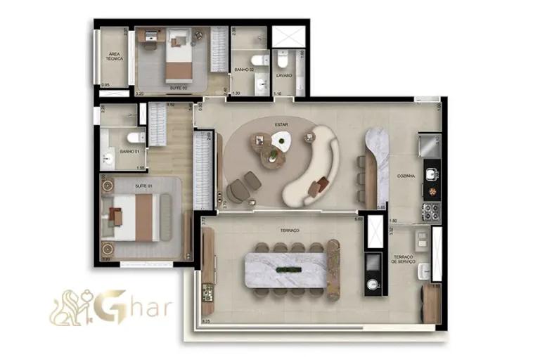 Planta do apartamento de 2 dormitórios com lavabo de 160 m² no BoulevarDiálogo Butantã