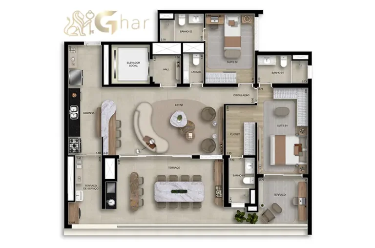 Planta do apartamento de 2 suítes com lavabo de 134 m² no BoulevarDiálogo Butantã