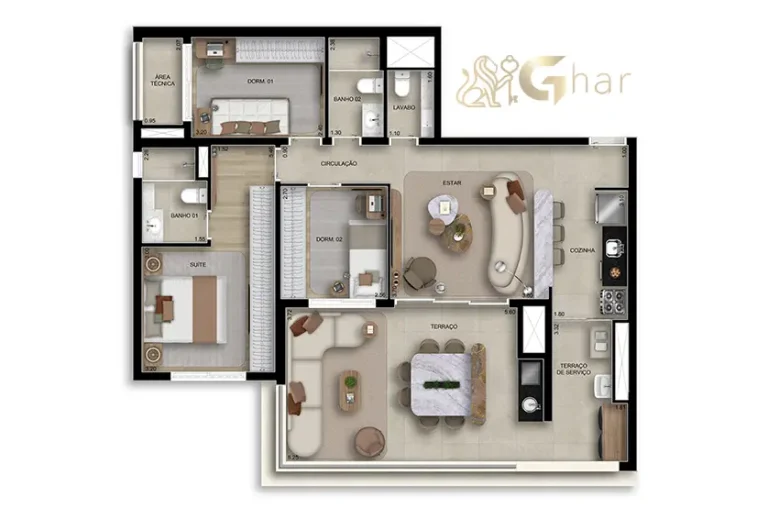 Planta do apartamento de 3 dormitórios com 1 suíte e lavabo de 106 m² no BoulevarDiálogo Butantã