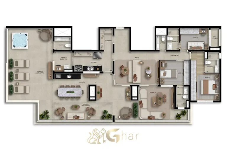 Planta do apartamento penthouse de 218 m² no BoulevarDiálogo Butantã