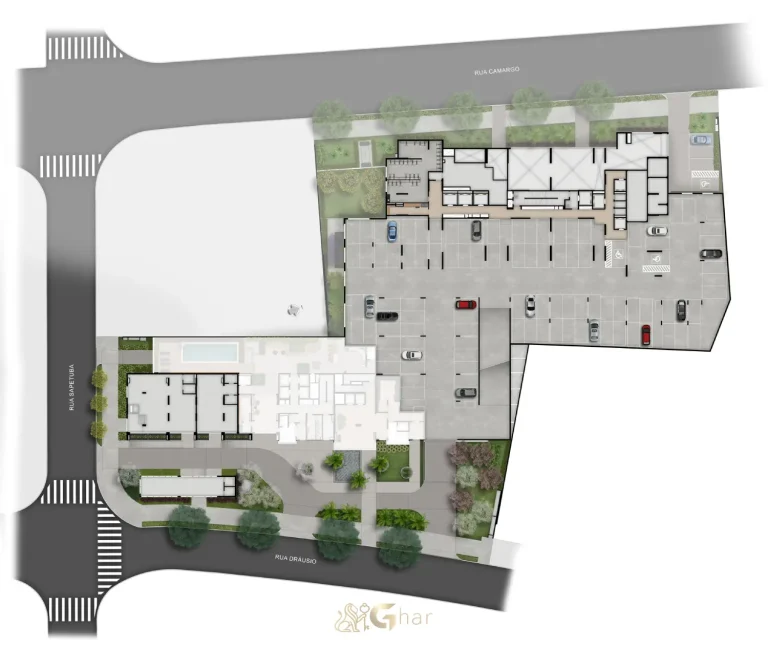 Planta de implantação do térreo do condomínio BoulevarDiálogo Butantã