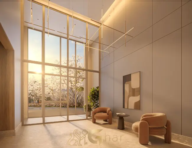 Lobby com pé-direito duplo do BoulevarDiálogo Butantã Smart