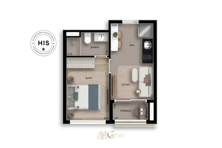 Planta do apartamento 1 suíte 28 m² no BoulevarDiálogo Butantã Smart