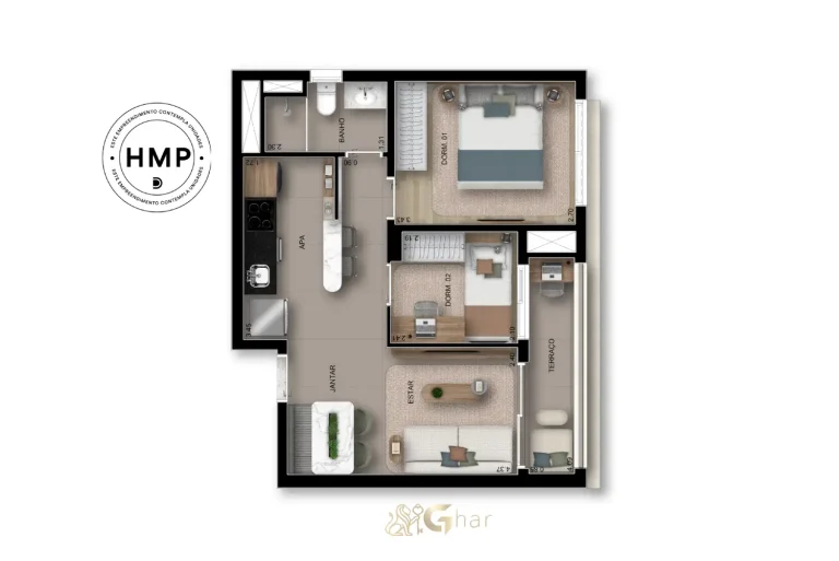 Planta do apartamento 2 dormitórios 49 m² no BoulevarDiálogo Butantã Smart