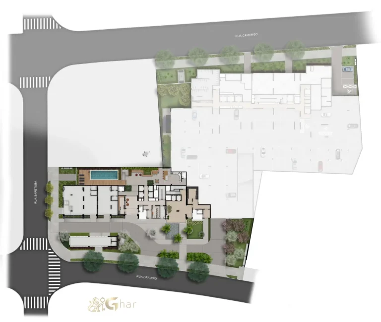 Planta de implantação do térreo do BoulevarDiálogo Butantã Smart