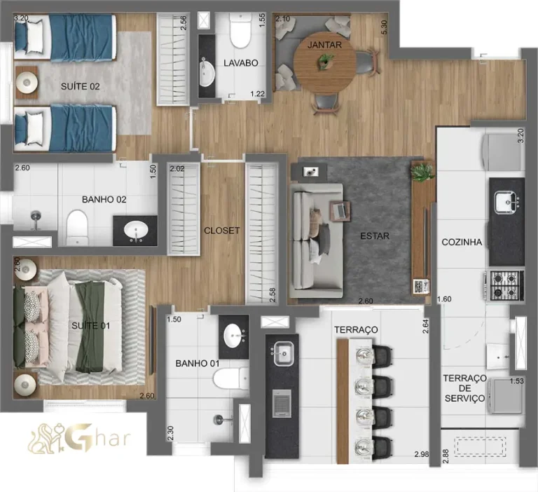 Planta de apartamento 2 suítes 75 m² no Chanés Street em Moema