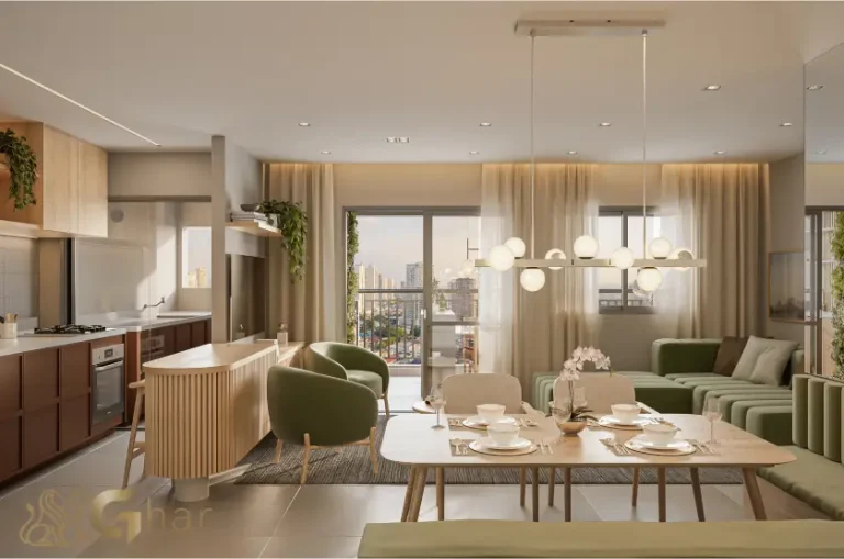 Sala de estar do apartamento decorado de 88m² no Club Station Parque Vila Ema