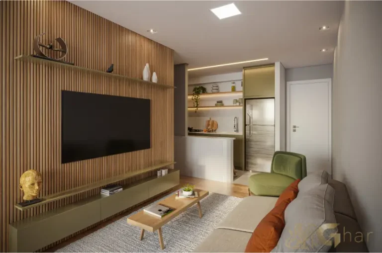 Sala living do apartamento decorado de 58m² no Club Station Parque Vila Ema