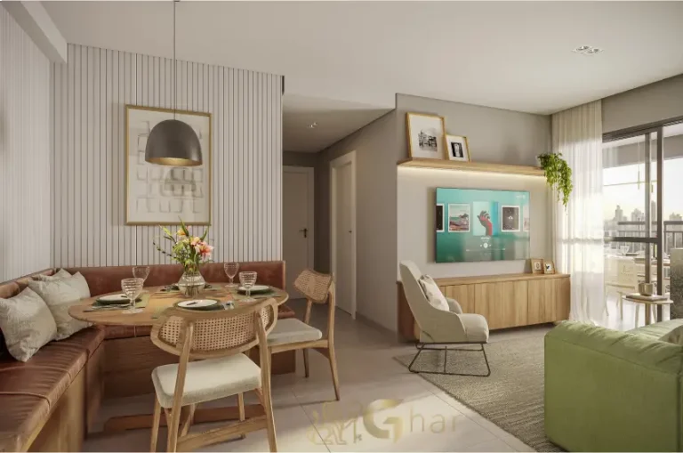 Sala living do apartamento decorado de 67m² no Club Station Parque Vila Ema