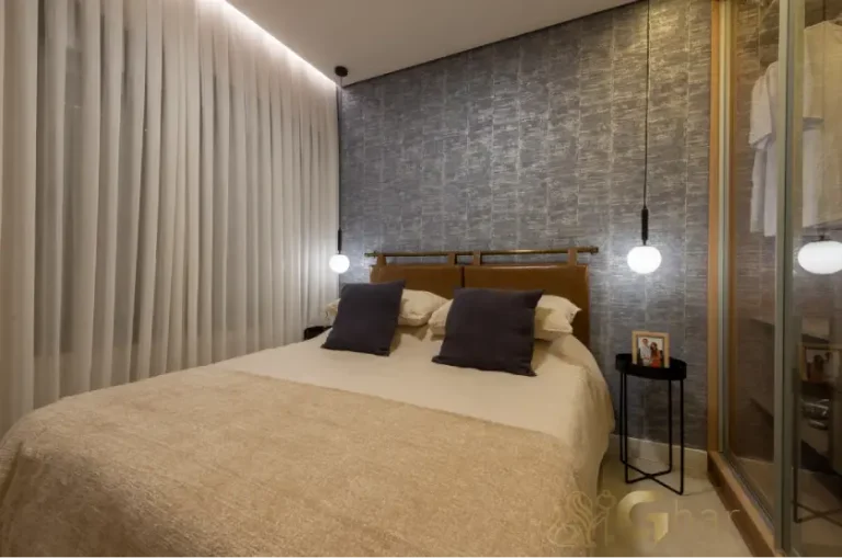 Suíte casal do apartamento decorado de 88m² no Club Station Parque Vila Ema