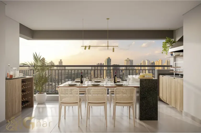 Terraço com churrasqueira do apartamento decorado de 67m² no Club Station Parque Vila Ema