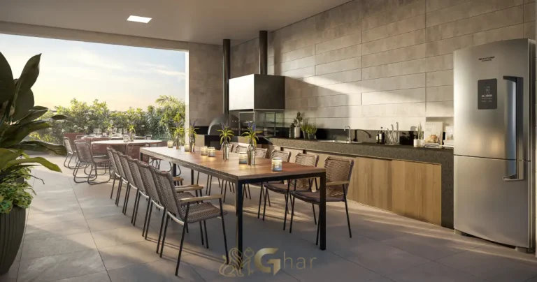 Churrasqueira do Club Station Parque Vila Ema integrada às áreas de lazer