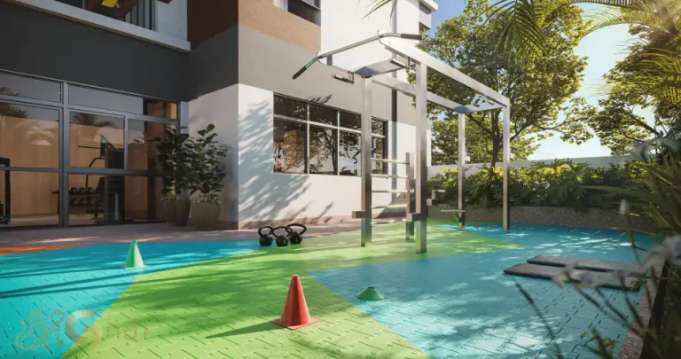 Fitness externo do Club Station Parque Vila Ema integrado à área verde