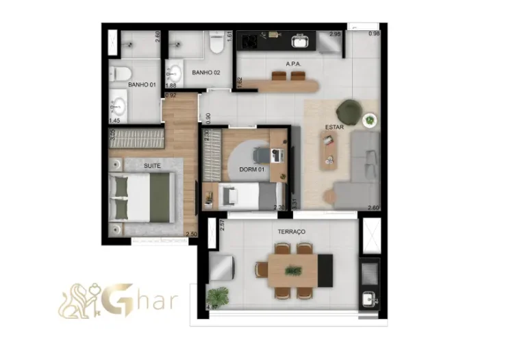 Planta do apartamento de 2 dormitórios com suíte de 58m² no Club Station Parque Vila Ema
