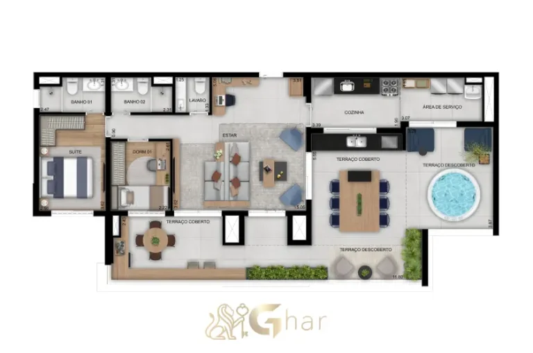 Planta da penthouse de 2 dormitórios com 1 suíte e 128m² no Club Station Parque Vila Ema